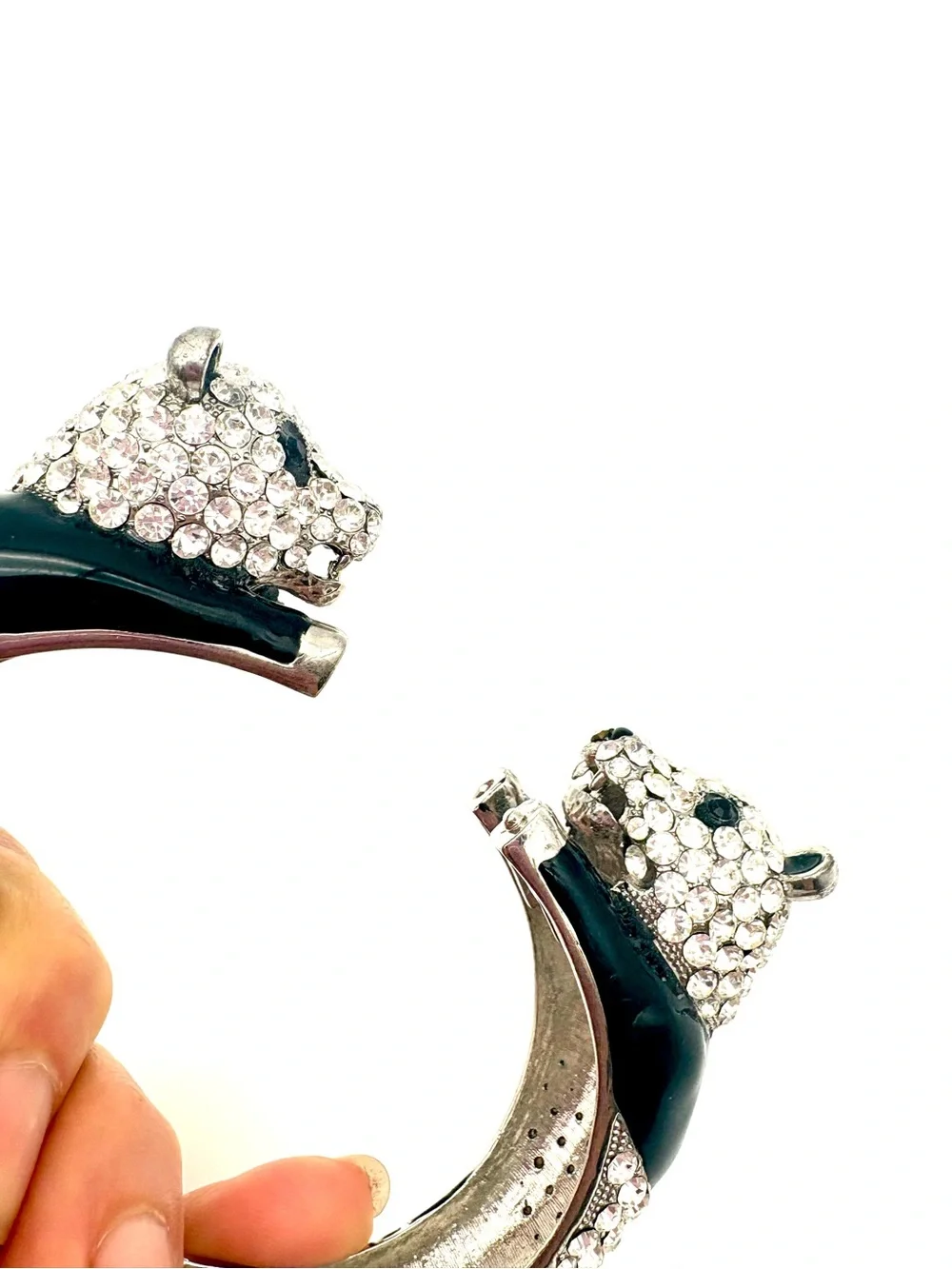Vintage Rhinestone & Enamel Double Panda Cuff Bracelet